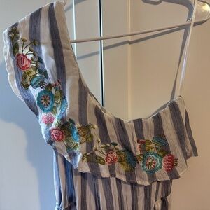 Striped Off-Shoulder Dress with Floral Embroidery